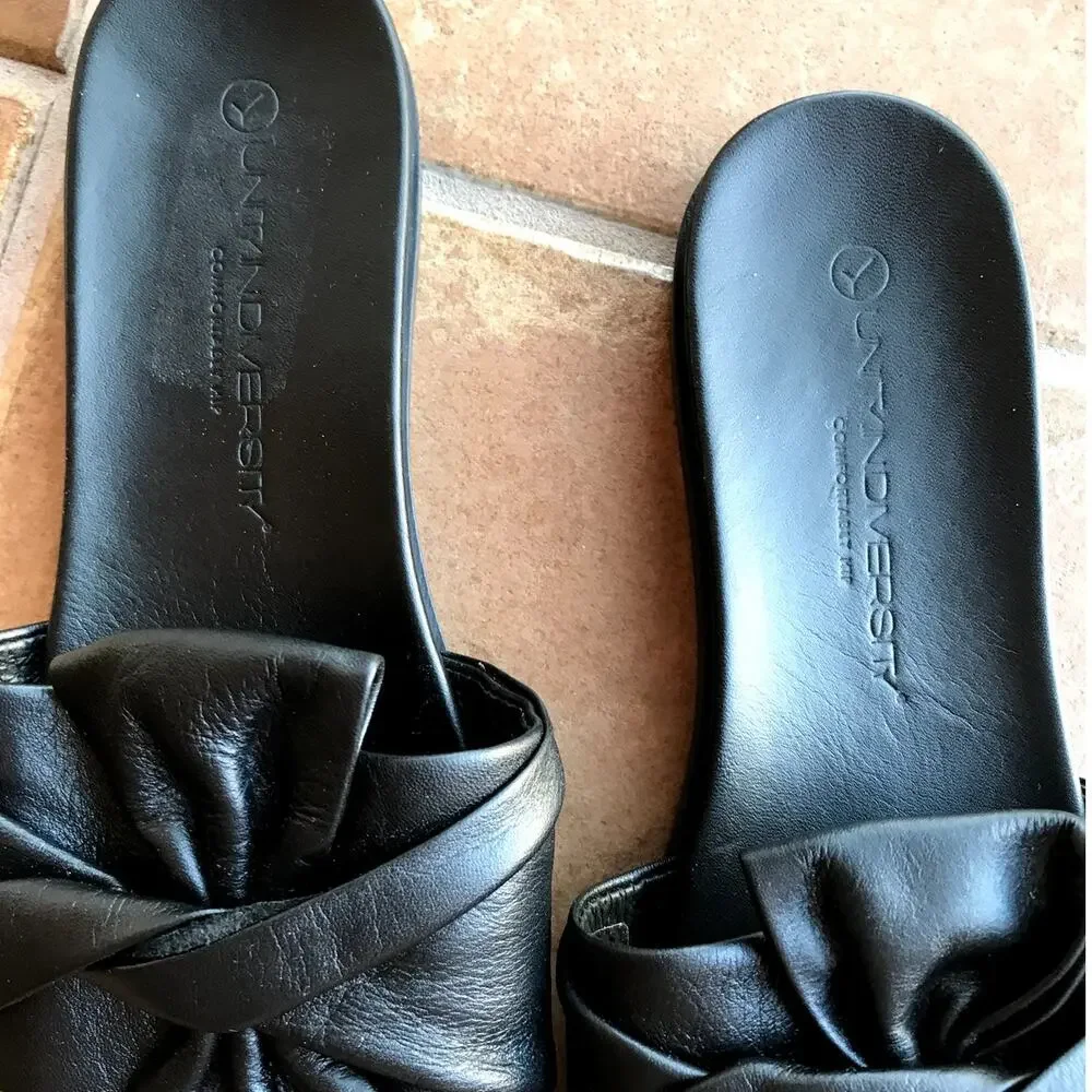 Unity in Diversity Black Diona Leather Decorative Tie Top Slides size 7.5